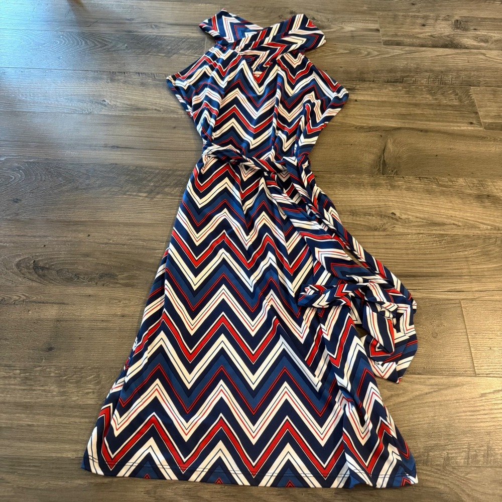 Ashley Stewart Red White Blue Chevron Zigzag Maxi Dress Halter Neck 14/16